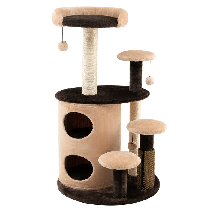 Cat Tower 6-Tier - Scratching Posts and Self Groomer in Coffee Color - Ideal for Feline Exercise and Grooming Needs