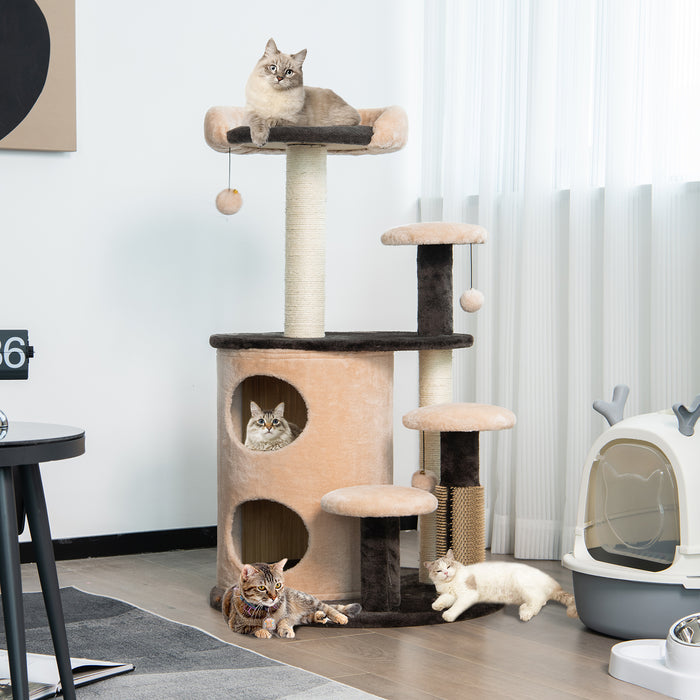 Cat Tower 6-Tier - Scratching Posts and Self Groomer in Coffee Color - Ideal for Feline Exercise and Grooming Needs