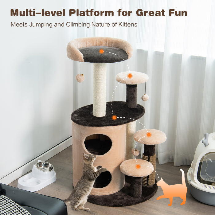 Cat Tower 6-Tier - Scratching Posts and Self Groomer in Coffee Color - Ideal for Feline Exercise and Grooming Needs