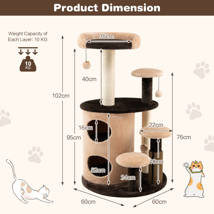 Cat Tower 6-Tier - Scratching Posts and Self Groomer in Coffee Color - Ideal for Feline Exercise and Grooming Needs