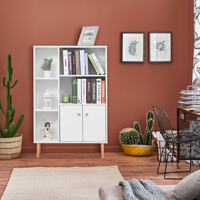 Open Bookcase with Storage Cabinet - Free-Standing Wooden Display Unit with Shelves and Two Doors - Versatile Organization for Home or Office
