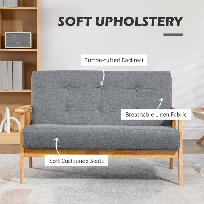 2-Seater Contemporary Sofa - Linen Fabric Upholstery, Tufted Design, Rubberwood Legs in Dark Grey - Perfect for Small Spaces & Modern Decor