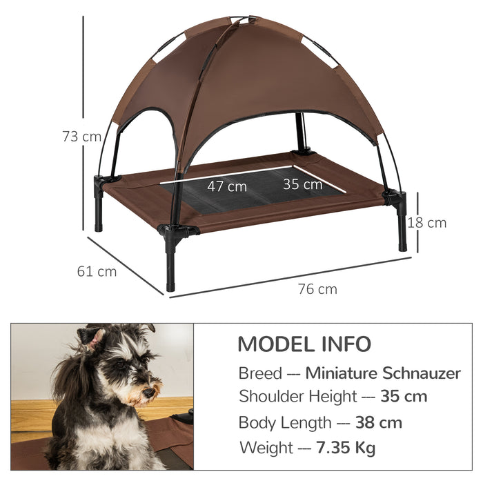 Elevated Pet Cot with Canopy - Waterproof Raised Dog Bed with Breathable Mesh, UV Protection - Comfortable Outdoor Lounger for Medium Dogs, Coffee Color, 76 x 61 x 73 cm