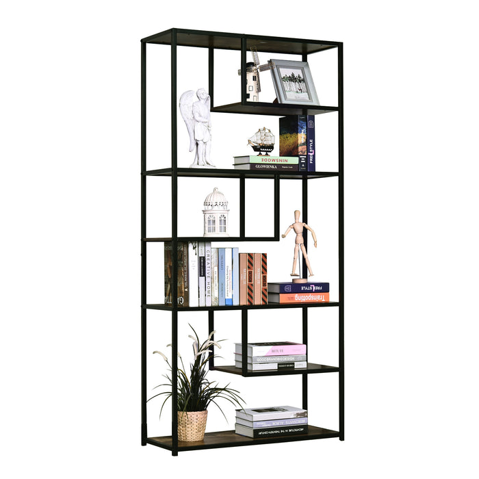 Industrial 6-Tier Staggered Wood Shelving Unit - Modern Bookcase and Display Rack for Living Room - Home Organization and Storage Solution