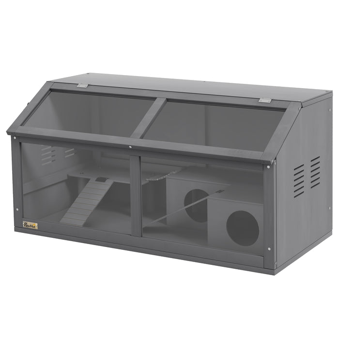 Wooden Hamster Habitat with Suspension Bridge - Small Animal Cage for Gerbils, Mice, Openable Top, 85x45x44cm, Grey - Perfect Home for Your Petite Pet