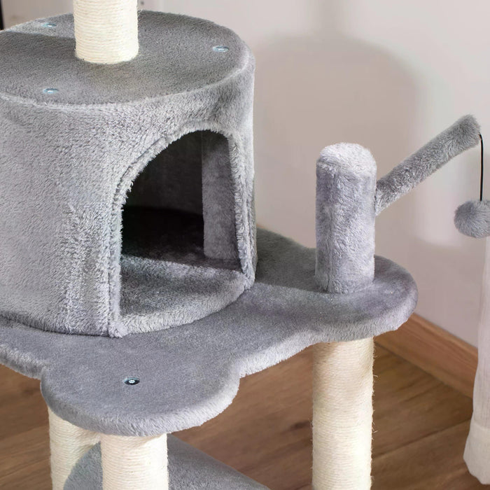 Cat Tree Tower Climber - Kitten Activity Center with Jute Scratching Posts, Bed, Tunnel, Perch, and Hanging Balls - Playful Furniture for Cats in Stylish Grey