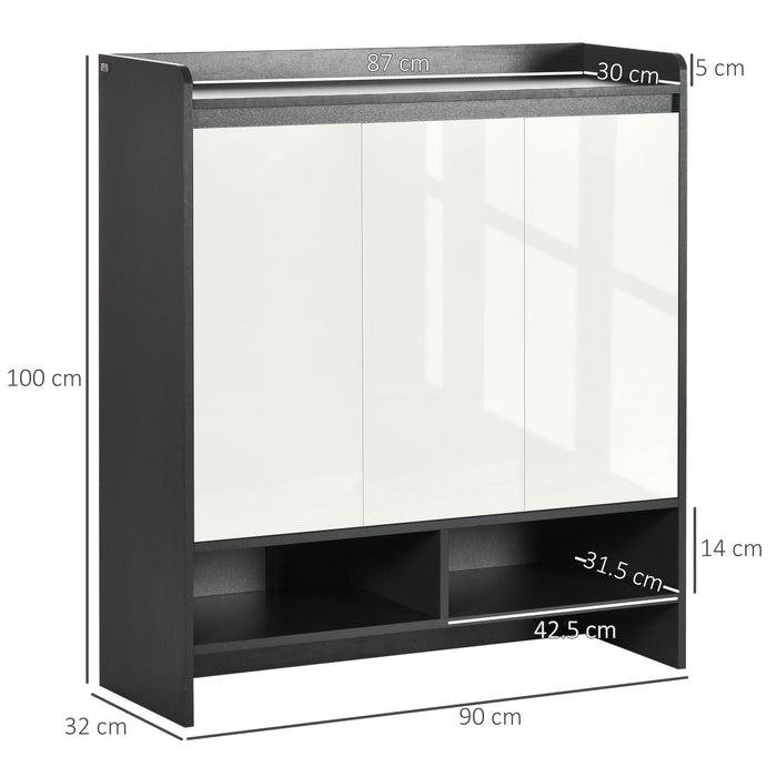 High Gloss Shoe Storage Unit with White Doors - Spacious Hallway Cupboard with Open Shelves for Up to 24 Pairs - Sleek Grey Organizer for Footwear
