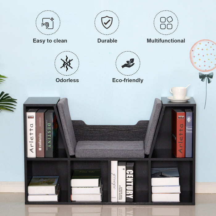 Kids Bookcase with Cushioned Seat - Multipurpose Shelf Storage and Sideboard for Children's Reading Nook - Bedroom and Living Room Organization in Classic Black
