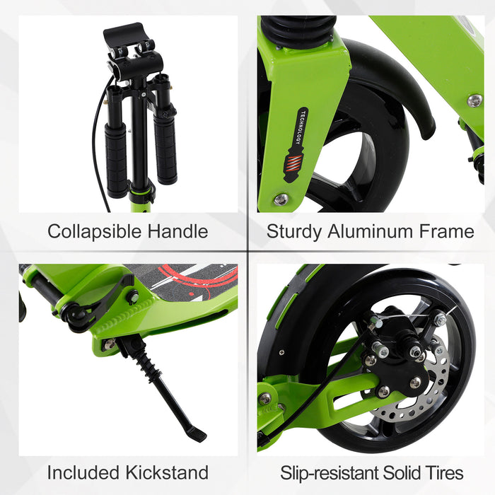 Adjustable & Foldable Teens Adult Scooter - Aluminum Kick Ride with Dual Brakes & Shock Mitigation, Green - Perfect Outdoor Fun for Ages 14+