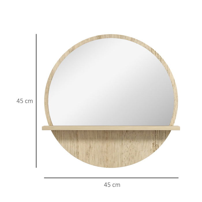 Round Wall-Mounted Bathroom Mirror with Shelf - 45cm Natural Wood-Effect Frame - Decorative Makeup Vanity Accessory for Home Styling