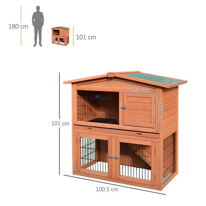 Wooden 2-Tier Animal Hutch - Rabbit & Guinea Pig Cage with Ramp, Slide-Out Tray, Indoor/Outdoor Use - Perfect for Small Pet Comfort and Easy Maintenance 100.5 x 55 x 101 cm