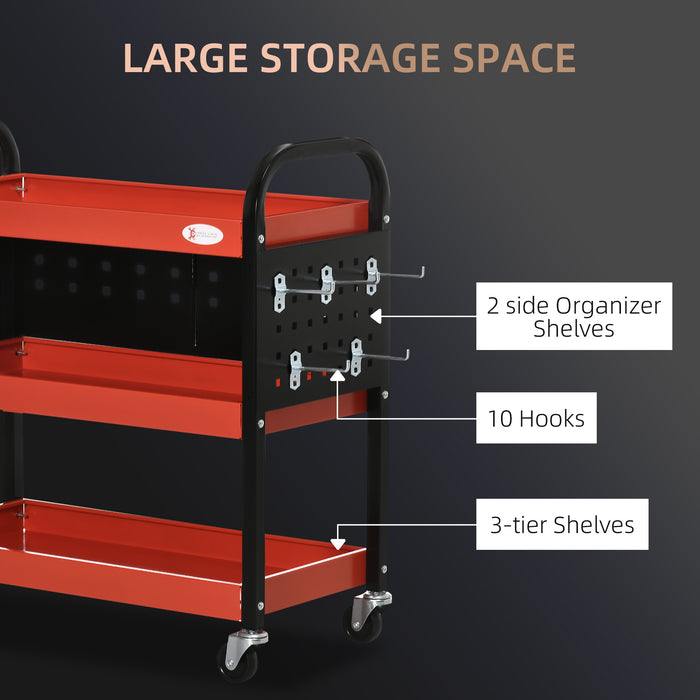 3-Tier Shelf Tool Cart with Wheels - Heavy-Duty Storage Trolley for Garage Workshop, Warehouse DIY, Includes 10 Hooks, 100kg Capacity - Red Organizer for Professionals and Hobbyists