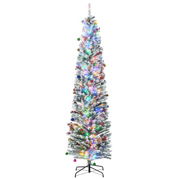 Artificial Prelit Christmas Tree, 7.5 Ft - Warm White LED Lights, Flocked Tips, Adorned with Berries and Pine Cones - Festive Holiday Decoration for Home