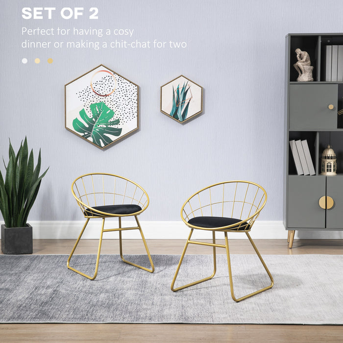 Metal Wire Dining Chair Duo - Velvet Cushion & Round Back Design with Durable Steel Frame - Elegant Seating for Living Room & Bedroom, Gold Finish