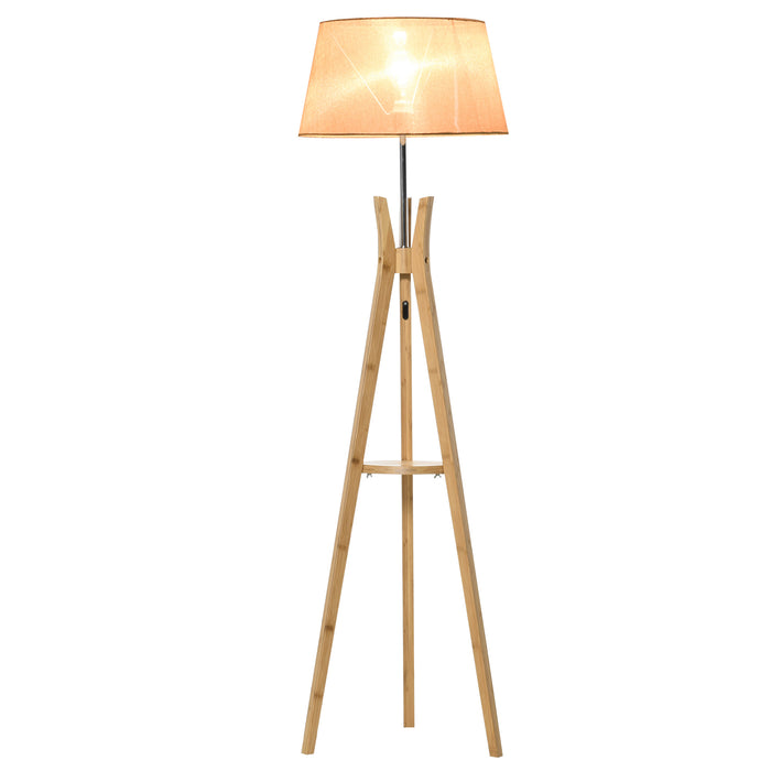 Tripod Floor Lamp with E27 Base and Shelf - Natural Wood & Beige Fabric Shade for Ambient Lighting - Ideal for Bedroom and Living Room with Convenient Foot Switch