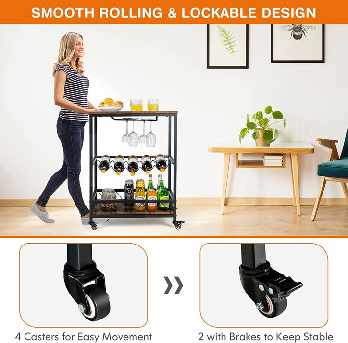 Portable Serving Trolley - 2 Glass Holders and Wine Rack Feature - Ideal for Entertaining Guests on the Move