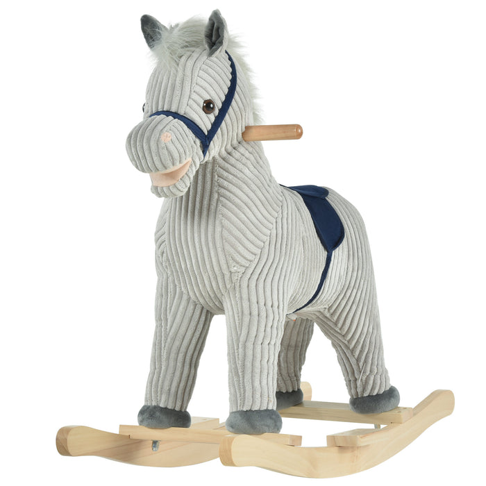Plush Rocking Horse with Sound Effects - Ribbed Grey Fabric, Kids Ride-On Toy - Perfect for Playtime and Nursery Decor