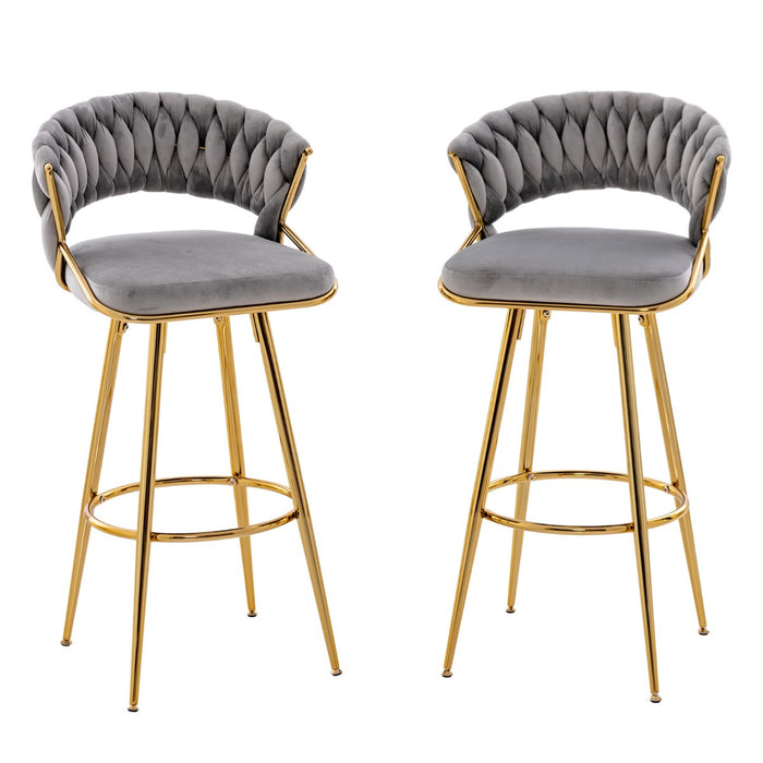Velvet Bar Stool Set of 2 - 72cm Height with Woven Backrest and Gold Metal Legs in Grey - Ideal for Home Bars and Kitchen Counters
