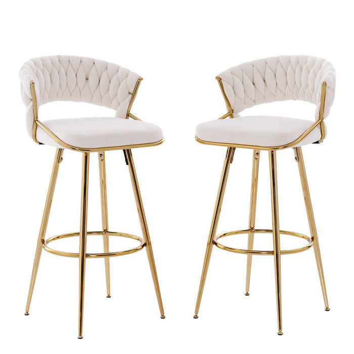 Velvet Bar Stool Set of 2 - 72cm Height with Woven Backrest and Gold Metal Legs in Grey - Ideal for Home Bars and Kitchen Counters