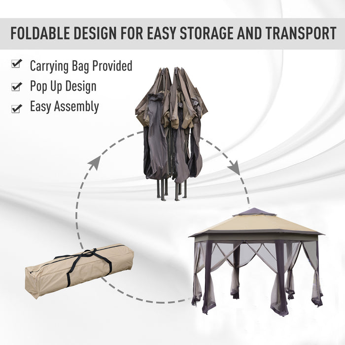 Hexagon Patio Gazebo with Double Roof - Pop-Up Outdoor Instant Shelter with Netting, 4m x 4m, Beige - Ideal for Garden Gatherings and Protective Shade