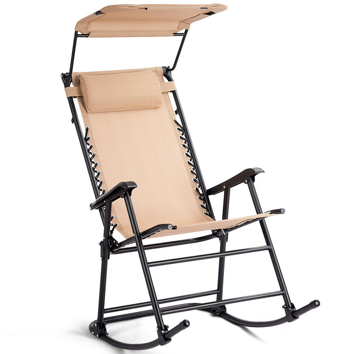 Beige Folding Garden Rocking Chair with Canopy - Outdoor Relaxation Furniture, Sun Protection Feature - Ideal for Garden Lovers & Sunbathers