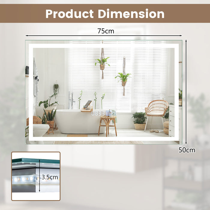 LED Wall Mounted Rectangle Mirror - 75x50 CM Size, 3-Color Dimmable Lights Feature - Ideal for Home Decoration and Improving Lighting Conditions
