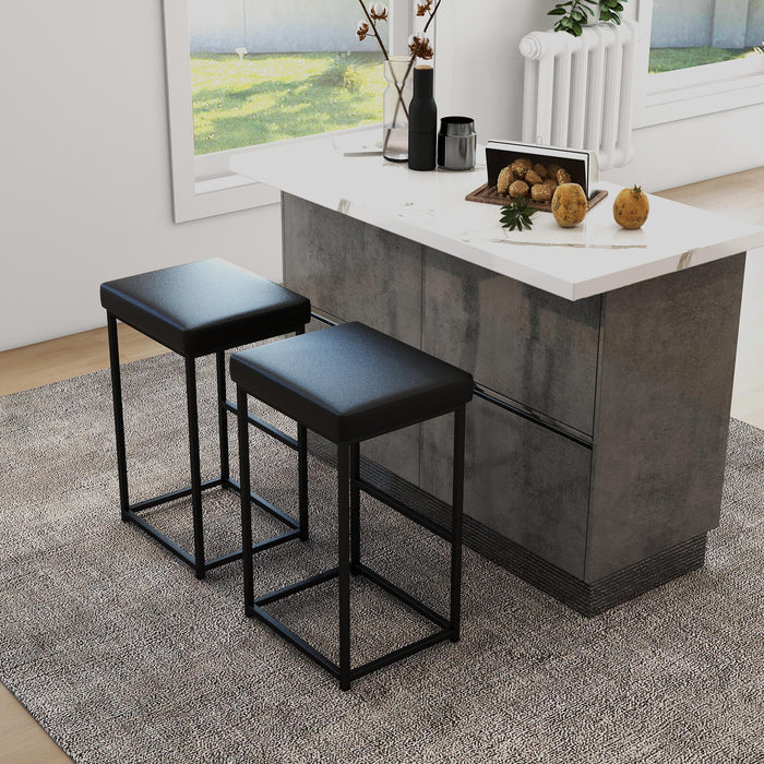 Set of 2 Barstools - 76 cm Height with PU Leather Cover and Footrest in Black - Perfect for Kitchen Island and Home Bars