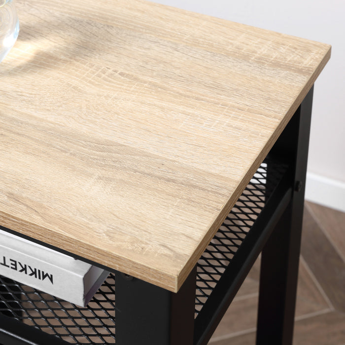 3-Tier Industrial Boxy Side Table with Metal Frame - Ample Storage with 2 Open Shelves, Robust Design - Chic Display Stand for Modern Bedroom or Living Space