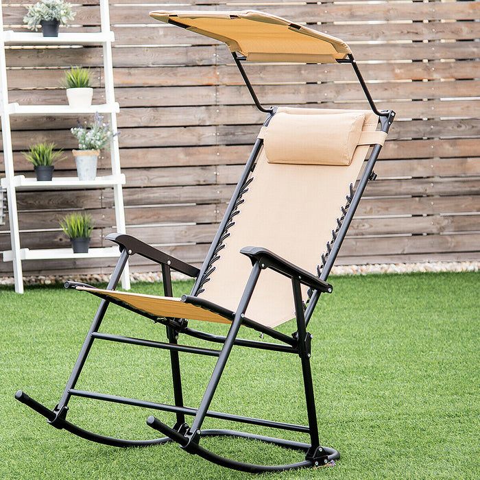 Beige Folding Garden Rocking Chair with Canopy - Outdoor Relaxation Furniture, Sun Protection Feature - Ideal for Garden Lovers & Sunbathers
