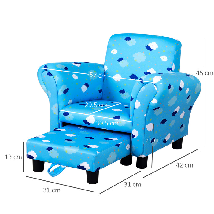 Kids' Mini Couch with Footrest - Sturdy Wooden Frame & Anti-Slip Legs, High Back, Armrests - Adorable Cloud and Star Design for Bedroom or Playroom