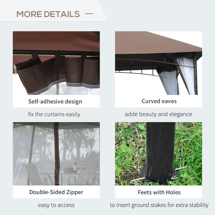 Metal Garden Gazebo 3x3m - Square Canopy Shelter with Mesh for Outdoor Parties and Weddings, Brown - Elegant Shade and Bug Protection for Events