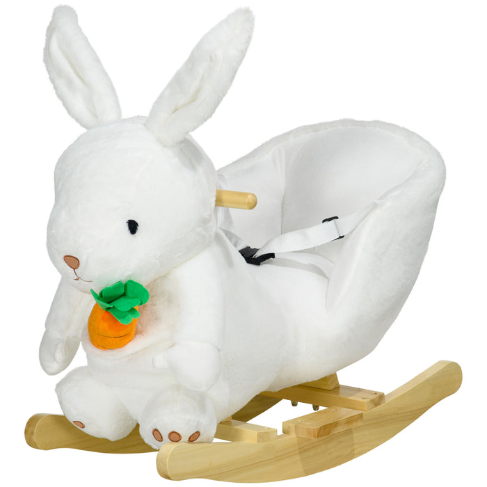 Plush Rabbit-Shaped Rocking Horse with Safety Harness - Interactive White Rocker with Realistic Sounds and Foot Pedals - Ideal for Toddlers 18-36 Months