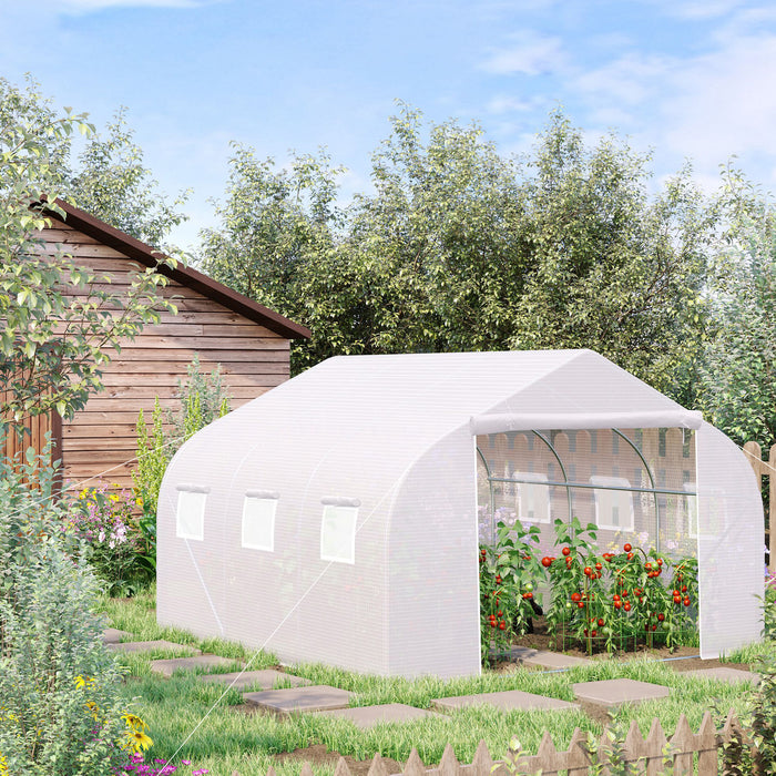 Walk-In Polytunnel Greenhouse 4.5x3x2m - Steel Frame Construction with Roll-Up Door and Windows | White Canopy - Ideal for Year-Round Gardening and Plant Protection