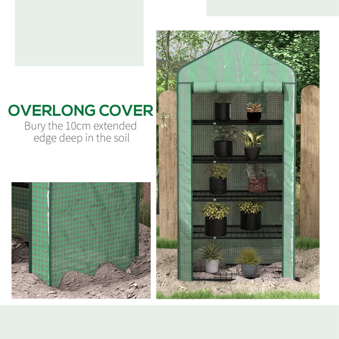 5-Tier Wide Mini Greenhouse with Sturdy PE Cover - Portable Indoor/Outdoor Gardening Shelter with Roll-up Zippered Door and Metal Wire Shelves - Ideal for Small Spaces and Plant Protection (193x90x49cm, Green)