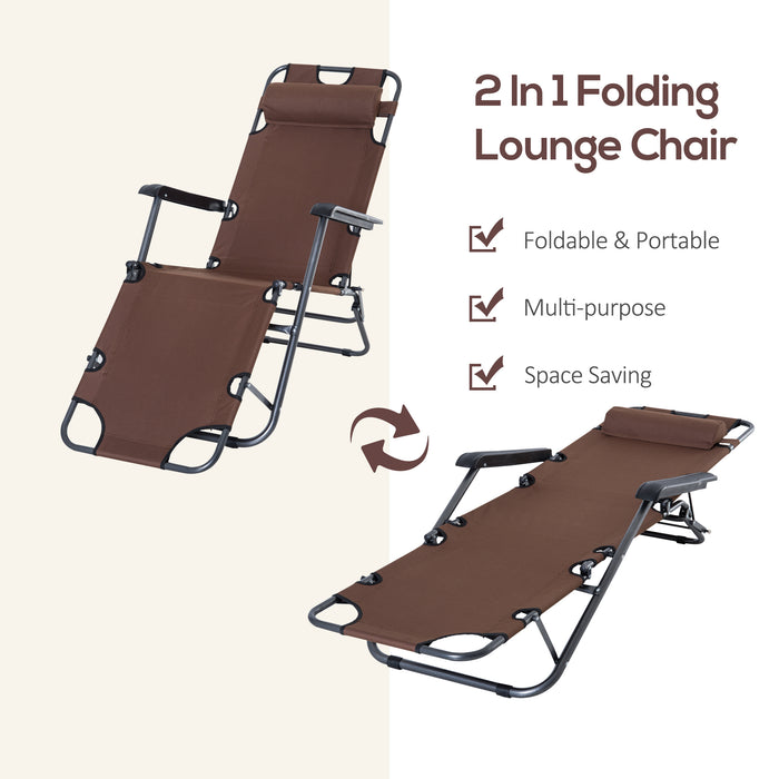 Sun Lounger with Pillow - 2-in-1 Folding Reclining Chair, Adjustable Back, Ideal for Garden and Camping - Comfort and Relaxation Outdoors in Brown