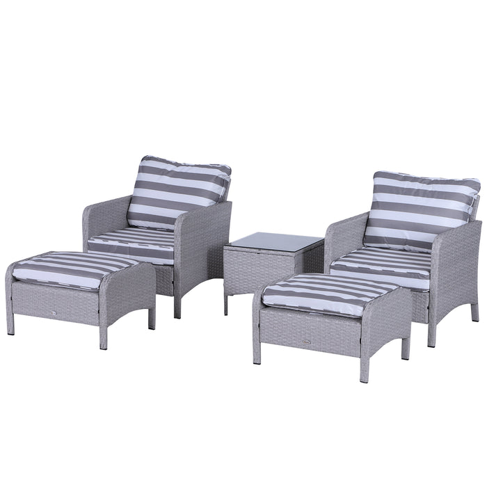 2 Seater PE Rattan Garden Set - Armchairs, Stools & Glass Top Table with Cushions, Wicker Weave - Elegant Outdoor Seating Solution for Couples