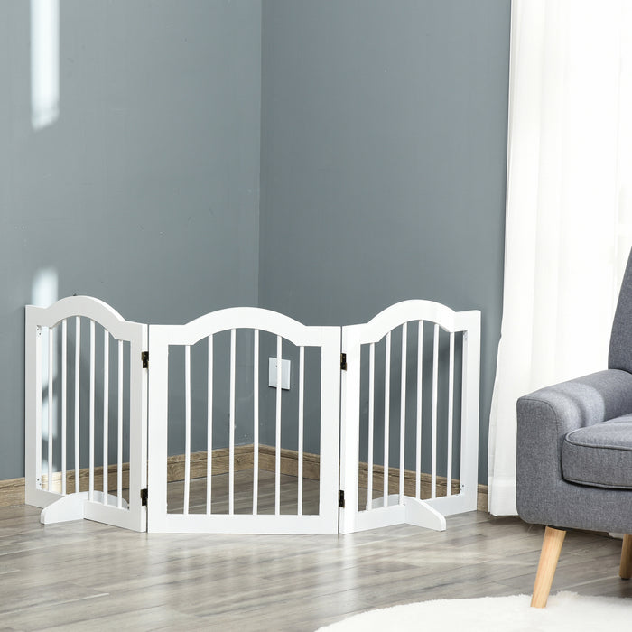 Foldable Wooden Dog Gate with Support Feet - Small Sized Stepover Pet Barrier Panel - Freestanding Safety Solution for House Doorways and Stairs, White