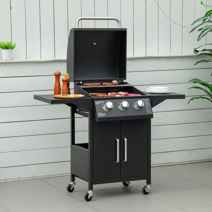 3 Burner Gas BBQ Grill - Portable Outdoor Barbecue with Warming Rack, Side Shelves, Storage Cabinet & Built-In Thermometer - Ideal for Patio Cooking & Entertaining