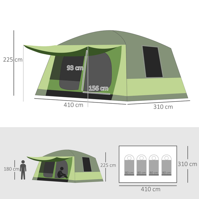 8-Person Double Room Dome Tent with Porch - Mesh Windows, Zipped Doors, and Lamp Hook for Camping - Ideal Shelter for Families and Group Backpacking Adventures