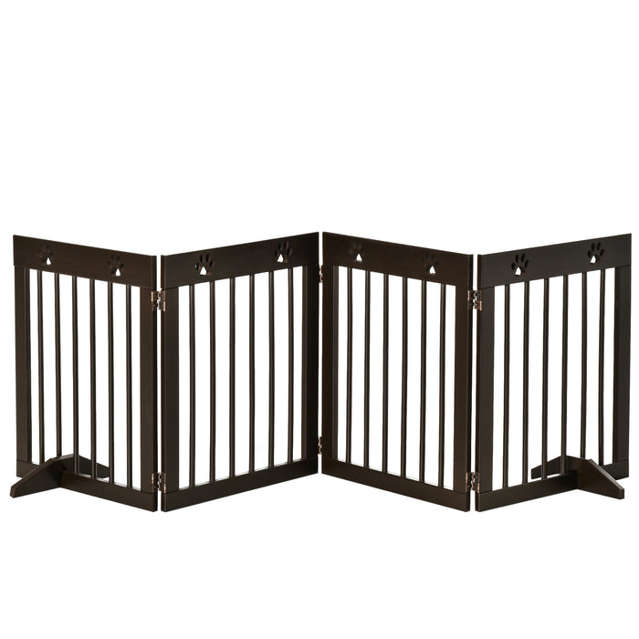 Freestanding 4-Panel Wooden Pet Gate - Adjustable Folding Safety Fence with Sturdy Support Feet, 204cm Wide and 61cm Tall - Ideal for Doorways and Stairs, Pet Owners, Brown