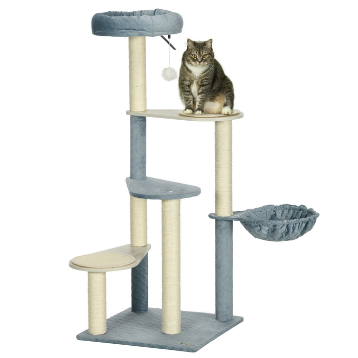 Cat Tree with Scratching Posts and Hammock - 118.5cm Multi-Level Activity Tower for Felines - Includes Cat Bed, Mats, and Ball Toy for Indoor Cats