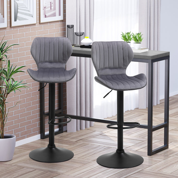 Velvet-Touch Fabric Swivel Bar Stools - Set of 2 Adjustable Height Counter Chairs with Footrest, Grey - Ideal for Home Bar or Kitchen Island Seating