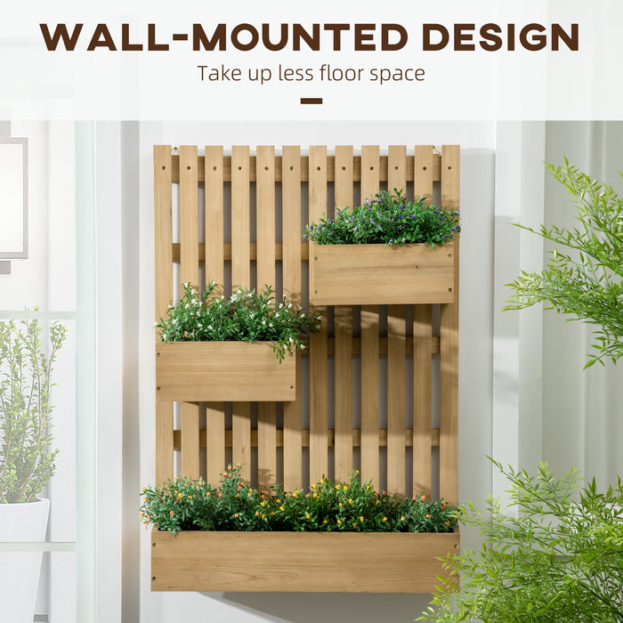 Wooden Garden Wall Planter with Trellis - Wall-Mounted Plant Holder with Drainage, 3 Adjustable Boxes - Ideal for Patio, Raised Bed Gardening in Natural Finish