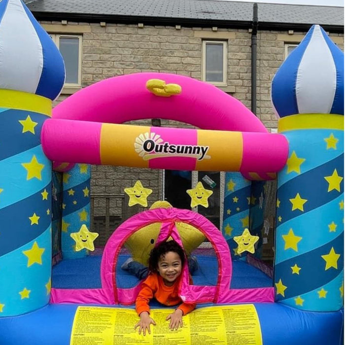 Castle Stars Inflatable Bounce House with Basketball Hoop - Sturdy Trampoline, Included Inflator, 2.25 x 2.2 x 2.15m - Fun Play Area for Kids Aged 3-12 Years