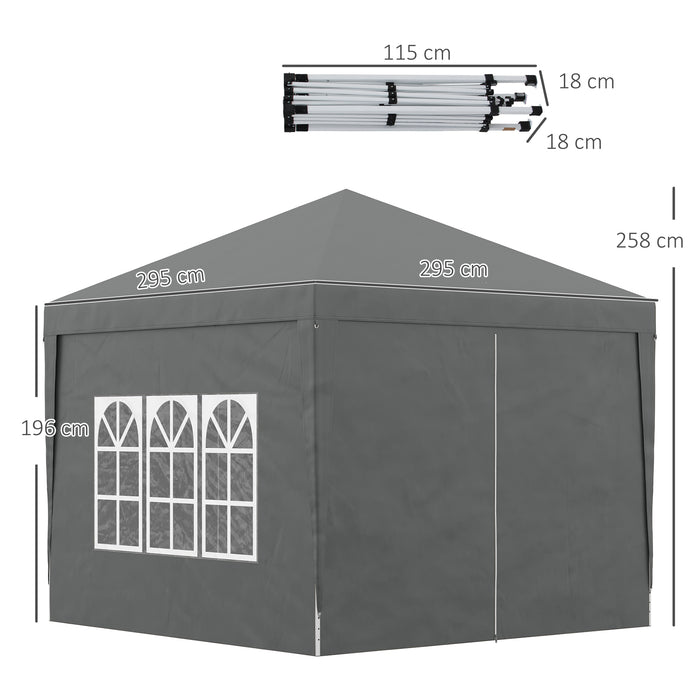Water-Resistant Pop-Up Gazebo 3x3m with Carry Bag - Outdoor Tent Canopy with 2 Windows for Weddings, Parties, Camping - Ideal Shelter for Garden Events, Grey