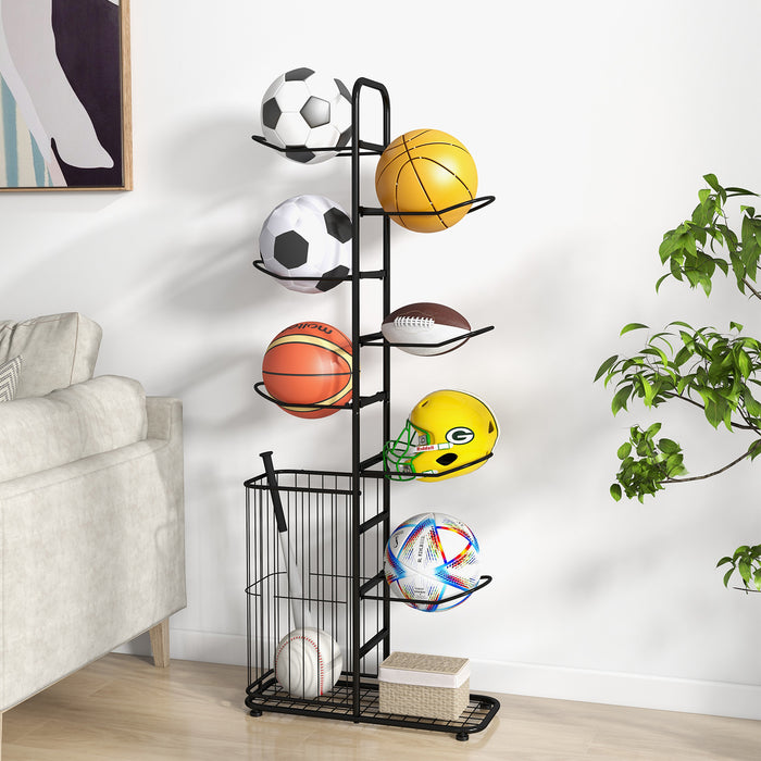 Ball Storage 7-Tier Rack - Removable Hanging Rods and Side Basket Features - Ideal Solution for Sports Gear Organization
