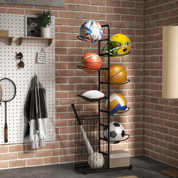 Ball Storage 7-Tier Rack - Removable Hanging Rods and Side Basket Features - Ideal Solution for Sports Gear Organization