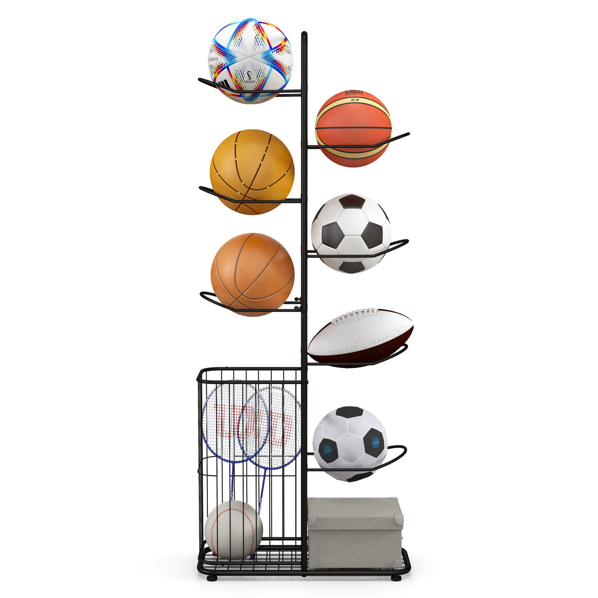 Ball Storage 7-Tier Rack - Removable Hanging Rods and Side Basket Features - Ideal Solution for Sports Gear Organization