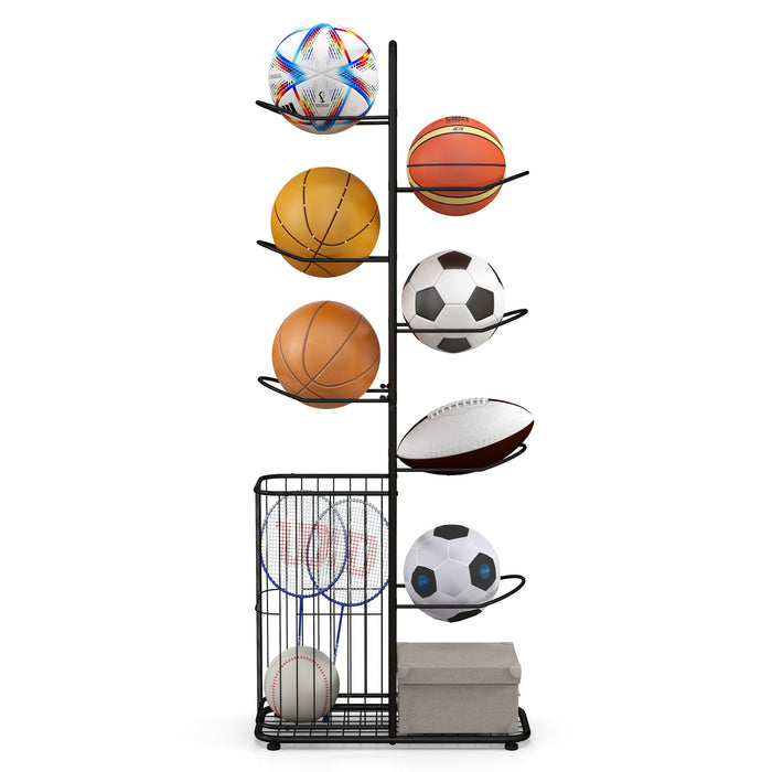 Ball Storage 7-Tier Rack - Removable Hanging Rods and Side Basket Features - Ideal Solution for Sports Gear Organization