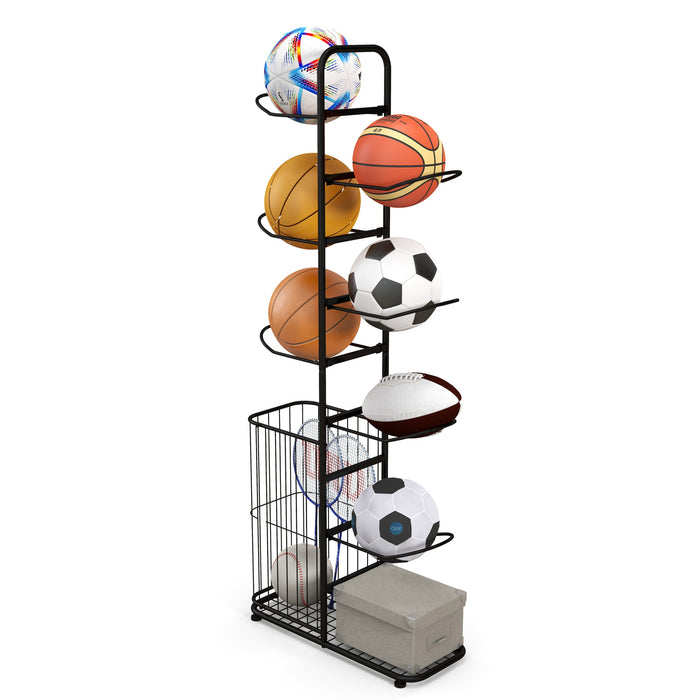 Ball Storage 7-Tier Rack - Removable Hanging Rods and Side Basket Features - Ideal Solution for Sports Gear Organization